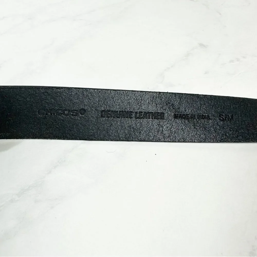 Chicos Genuine Leather Adjustable Belt Silver Buckle Black
